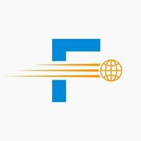 concept de logo global lettre f avec icône du monde en mouvement. modèle de vecteur de symbole de logo mondial