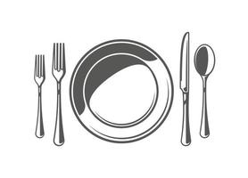 cuillère, fourchette, couteau et assiette isolé sur blanc Contexte vecteur