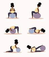 yoga pendant grossesse. collection de aptitude des exercices avec fitball. africain femme Faire sport. santé se soucier et sport concept. beauté femelle personnage. vecteur illustration dans plat style.