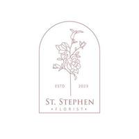 st. Stephen fleuriste vecteur logo conception. fleur branche dessiné à la main logotype. bohémien style floral logo modèle.