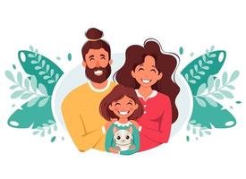 famille heureuse avec fille et chat. journée internationale des familles. illustration vectorielle vecteur