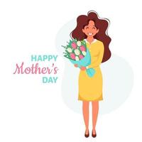 carte de voeux de fête des mères. femme avec bouquet de fleurs. illustration vectorielle vecteur