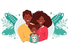 heureuse famille noire avec fille et chat. journée internationale des familles. illustration vectorielle vecteur