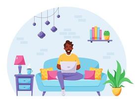 homme afro-américain assis sur un canapé et travaillant sur un ordinateur portable. pigiste, concept de bureau à domicile. illustration vectorielle vecteur