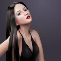 sexy brunette longue cheveux femme portant noir soir robe avec rouge lèvre, 3d illustration vecteur
