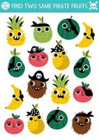 trouver deux même pirate des fruits. Trésor île correspondant à activité pour les enfants. mer aventures éducatif quiz feuille de travail pour des gamins pour attention compétences. Facile imprimable Jeu avec mignonne banane, Pomme vecteur