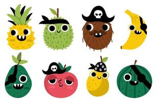 vecteur marrant kawaii fruit Icônes ensemble. pirate des fruits illustration. bande dessinée les plantes avec yeux, pirate chapeau, œil correctif, et bouche. en bonne santé été nourriture collection avec banane, pomme, ananas