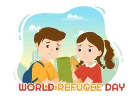 monde réfugié journée sur 20 juin vecteur illustration avec immigration famille et leur des gamins en marchant chercher Accueil dans main tiré câble clôture modèles