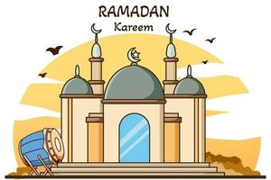 mosquée avec tambour musulman ramadan kareem illustration de dessin animé vecteur