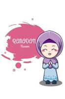 jolie fille musulmane à l'illustration de dessin animé de ramadan kareem vecteur