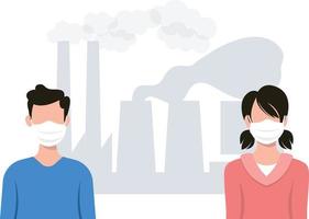 une garçon et une fille portant masques protéger se de air pollution. vecteur