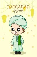 joli garçon musulman à l'illustration de dessin animé de ramadan mubarak vecteur