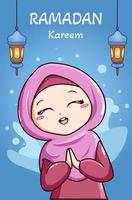 fille musulmane célébrant l'illustration de dessin animé de ramadan kareem vecteur