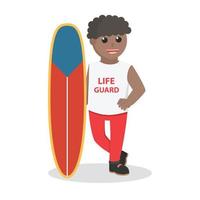 la vie garde africain avec planche de surf conception personnage sur blanc Contexte vecteur