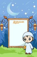 garçon musulman et tableau blanc à illustration de dessin animé ramadan kareem vecteur