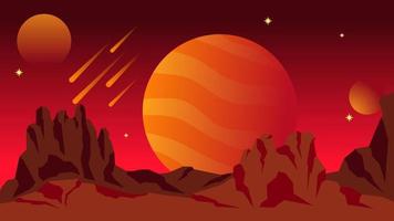science fiction paysage vecteur illustration. rouge Jupiter planète paysage Contexte. cramoisi galaxie vue avec comète et Montagne. science fiction vecteur pour arrière-plan, fond d'écran ou illustration