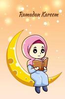 fille musulmane mignonne et heureuse sur la lune lisant un livre à l'illustration de dessin animé de ramadan kareem vecteur