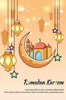 illustration de dessin animé de fond or lune, lanterne et mosquée vecteur