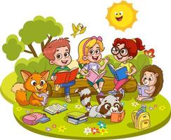 mignonne des gamins et animaux en train de lire ensemble en dessous de le arbre dessin animé vecteur