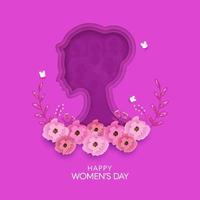 content aux femmes journée concept avec en couches papier femelle visage décoré floral, papillons sur violet Contexte. vecteur