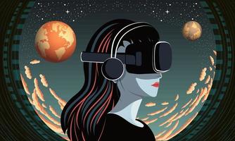 vecteur illustration de Jeune femme portant vr boîte avec casque de musique sur extérieur espace Contexte.