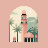 islamique Festival salutation carte avec fermer de mosquée, paume des arbres sur croissant lune rose Contexte et copie espace. vecteur
