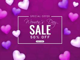 aux femmes journée vente affiche conception avec remise offre et brillant cœurs décoré sur violet bokeh brouiller Contexte. vecteur