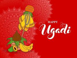 content ougadi fête concept avec traditionnel Gudhi, des fruits et culte pot sur rouge mandala modèle Contexte. vecteur