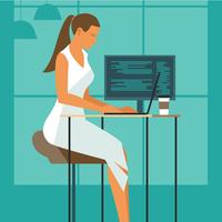 Femme développeur travaille sur son bureau avec un ordinateur portable vecteur