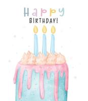 mignonne coloré pastel de bonne humeur anniversaire gâteau avec lumière bleu bougies sur haut, content anniversaire aquarelle main La peinture illustration pour salutation carte idée. vecteur