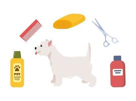 chien toilettage. soins pour animaux. chien cheveux salon. Ouest montagnes blanc terrier. outils pour le se soucier de animaux. ciseaux, brosse, shampooing, serviette. animal de compagnie toilettage salon. vecteur illustration.