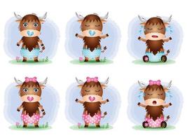 jolie collection de bébé yak dans le style des enfants vecteur