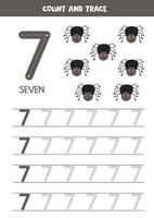 traçage de la feuille de calcul des nombres avec des insectes mignons. trace numéro 7. vecteur