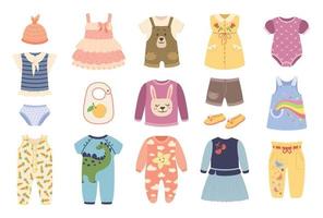 bébé vêtements. Vêtements pour nouveau née bébés. le maillot de corps, barboteuse, pyjamas, robe, chaussures. mignonne enfant mode vêtements et accessoires vecteur ensemble