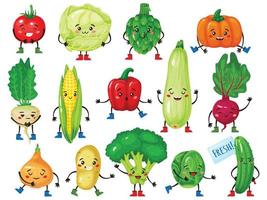 légume personnages. mignonne brocoli, tomate, citrouille, concombre, maïs, chou avec souriant visages. marrant des légumes mascotte personnage vecteur ensemble
