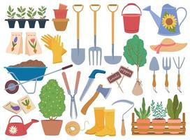 jardinage outils, printemps jardin équipement et les plantes jeune arbre. arrosage peut, gants, brouette avec sol. horticulture éléments vecteur ensemble
