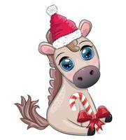 mignonne cheval, poney dans Père Noël chapeau avec bonbons Kane, Noël balle, cadeau, la glace patinage. hiver, Noël vecteur