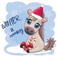 mignonne cheval, poney dans Père Noël chapeau avec bonbons Kane, Noël balle, cadeau, la glace patinage. hiver est à venir vecteur