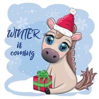 mignonne cheval, poney dans Père Noël chapeau avec bonbons Kane, Noël balle, cadeau, la glace patinage. hiver est à venir vecteur