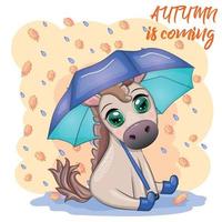 mignonne cheval avec parapluie et caoutchouc bottes, l'automne est à venir thème vecteur