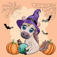 mignonne cheval, poney dans une violet sorcière chapeau, avec une balai, citrouille, potion. Halloween carte pour le vacances vecteur