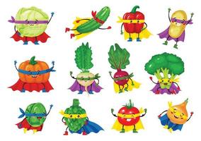 légume héros personnages. marrant tomate, brocoli, concombre dans super-héros capes. mignonne souriant des légumes super héros mascotte vecteur ensemble