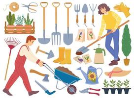 jardiniers avec jardinage équipement et outils, horticole éléments, les plantes. pelle, arrosage peut, graines. gens soins pour jardin vecteur ensemble