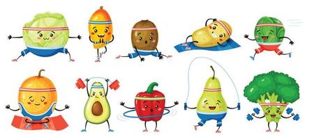 des fruits et des légumes faire de l'exercice. melon, kiwi dans yoga pose, brocoli avec haltères. fort en bonne santé fruit et légume personnages vecteur ensemble