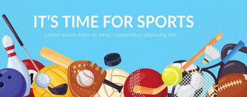 sport Jeux bannière avec des sports équipement. tennis, volley-ball, football. dessin animé Balle Jeux sportif activité, en bonne santé mode de vie vecteur Contexte