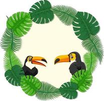 modèle de bannière de feuilles vertes rondes avec un personnage de dessin animé de toucan vecteur