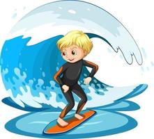 un garçon surfant sur une vague d & # 39; eau isolée vecteur
