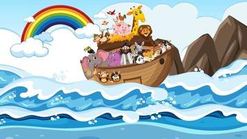 arche de noé avec des animaux dans la scène de l'océan vecteur