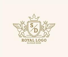 initiale Dakota du Sud lettre Lion Royal luxe héraldique, crête logo modèle dans vecteur art pour restaurant, royalties, boutique, café, hôtel, héraldique, bijoux, mode et autre vecteur illustration.