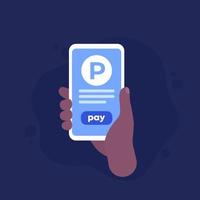 Parking payer avec application, téléphone en main, icône de vecteur